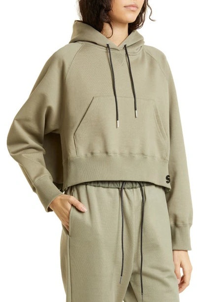 Shop Sacai Mixed Media High-low Cotton Jersey Hoodie In L/ Khaki