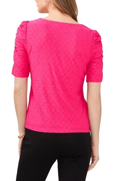 Chaus Embroidered Eyelet Ruched Sleeve Top In Bright Rose
