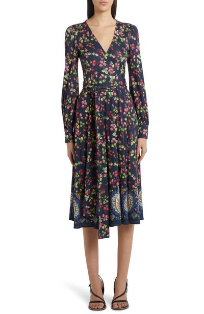 Shop Etro Berry Print V-neck Long Sleeve Wrap Dress In 0200 - Blu