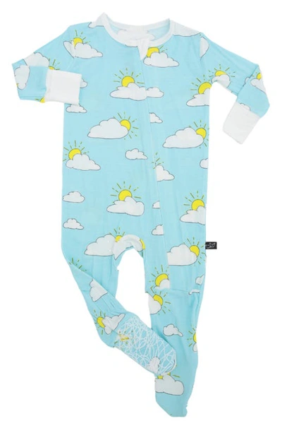 Shop Peregrinewear Partly Cloudy Print Fitted One-piece Footed Pajamas In Turquoise
