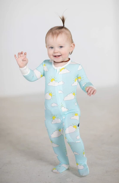 Shop Peregrinewear Partly Cloudy Print Fitted One-piece Footed Pajamas In Turquoise