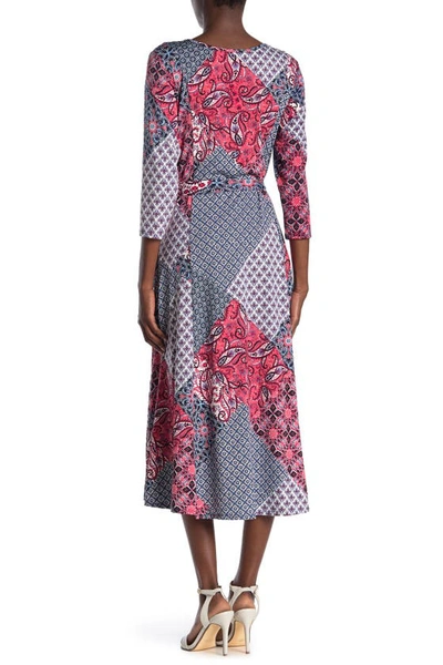 Nina Leonard Crewneck Three-quarter Sleeve Midi Dress In Redblumult