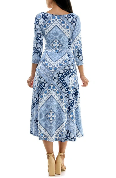 Nina Leonard Crewneck Three-quarter Sleeve Midi Dress In Navy Multi Combo