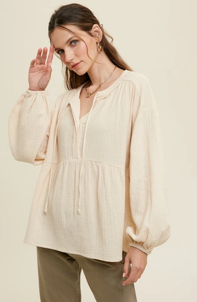 Wishlist Long Sleeve Cotton Gauze Peplum Top In Natural