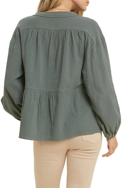 Wishlist Long Sleeve Cotton Gauze Peplum Top In T Green