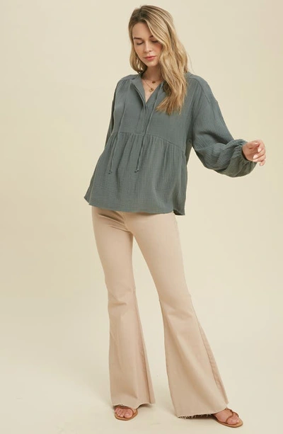 Wishlist Long Sleeve Cotton Gauze Peplum Top In T Green