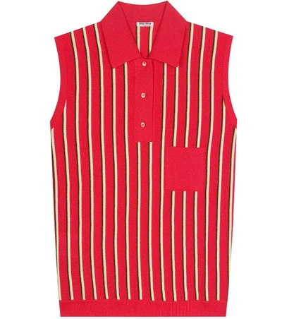 Miu Miu Striped Sleeveless Polo Shirt In Red