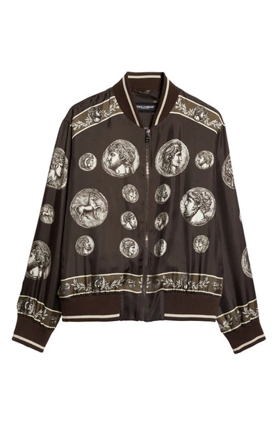 Shop Dolce & Gabbana Coin Print Silk Twill Bomber Jacket In Dark Brown