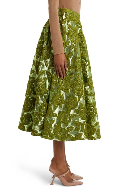 Shop Valentino Rose Moiré Metallic Brocade A-line Skirt In Celery Green