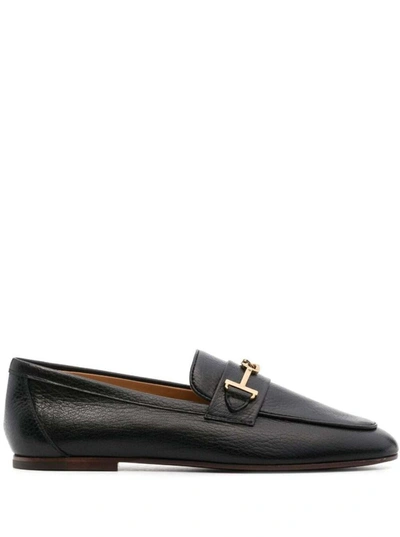 Shop Tod's Black Loafers With Gold-tone Double 't' Detail In Leather Woman