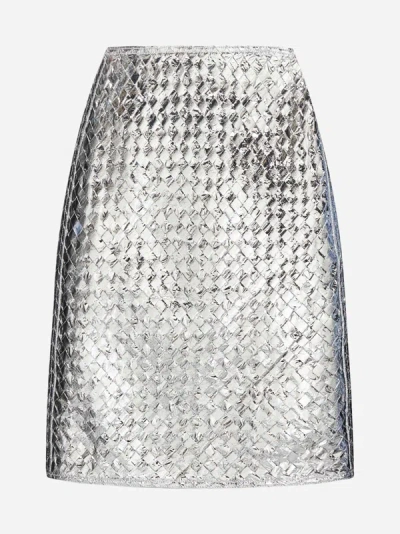 Shop Bottega Veneta Laminated Intreccio Leather Skirt In Silver