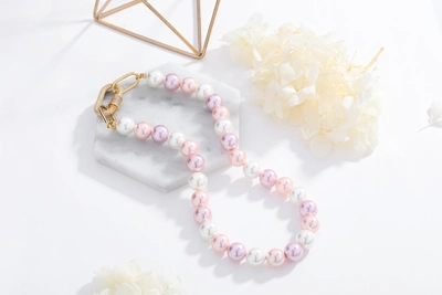 Classicharms Shell Pearl Necklace With Gem-encrusted Carabiner Lock In Pink
