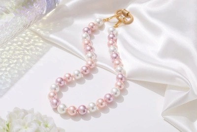 Classicharms Shell Pearl Necklace With Gem-encrusted Carabiner Lock In Pink