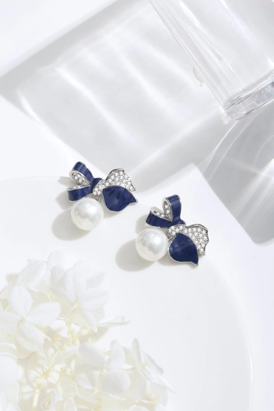 Classicharms Blue Enamel Butterfly Imitation Pearl Dangle Earrings In Blue
