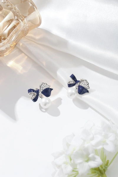 Classicharms Blue Enamel Butterfly Imitation Pearl Dangle Earrings In Blue