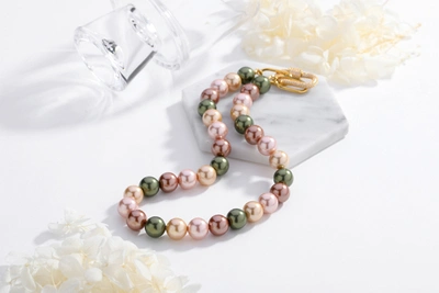 Shop Classicharms Gold Shell Pearl Necklace With Gem-encrusted Carabiner Lock In Pink