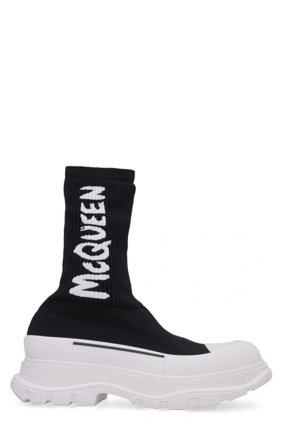 Shop Alexander Mcqueen Tread Slick Knitted Boots In Black