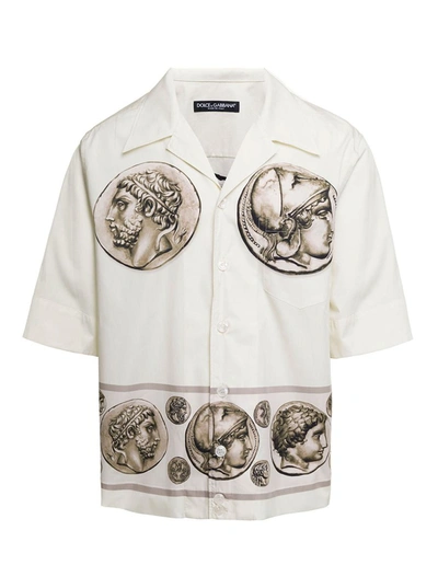 Shop Dolce & Gabbana Beige Bowling Shirt With Coin Print In Cotton Poplin Man