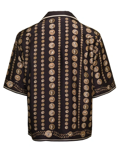 Shop Dolce & Gabbana Black Bowling Shirt With All-over Coin Print In Silk Man