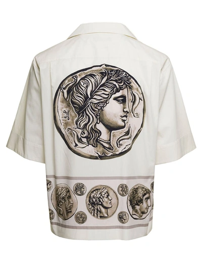 Shop Dolce & Gabbana Beige Bowling Shirt With Coin Print In Cotton Poplin Man
