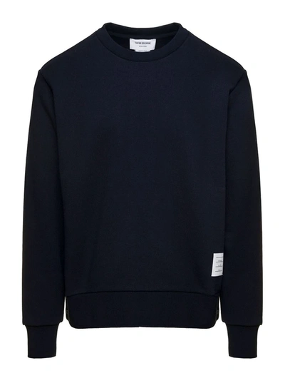 Shop Thom Browne Blue Crewneck Sweater With Logo Patch And Rwb Detail In Cotton Man