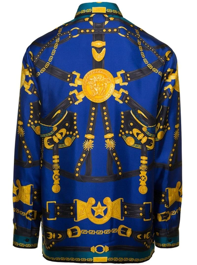 Shop Versace Blue Shirt With 'harness' Detail And 'medusa' Print In Silk Man