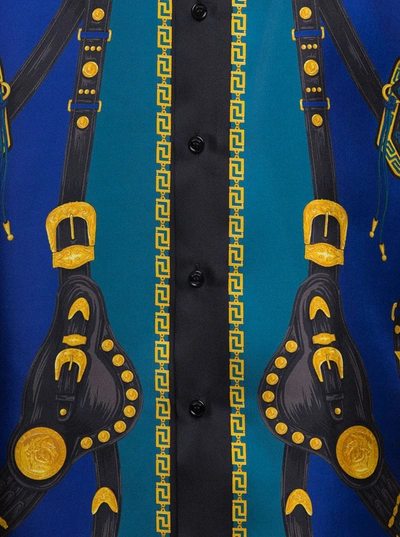 Shop Versace Blue Shirt With 'harness' Detail And 'medusa' Print In Silk Man