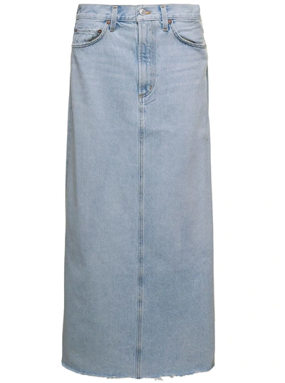 Shop Agolde 'hilla' Maxi Light Blue Skirt With Branded Button And Rear Split In Cotton Denim Woman
