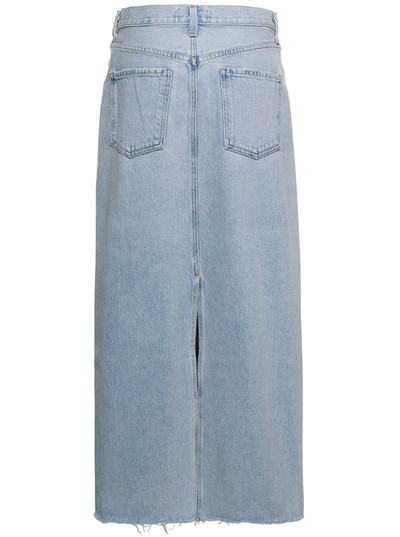 Shop Agolde 'hilla' Maxi Light Blue Skirt With Branded Button And Rear Split In Cotton Denim Woman