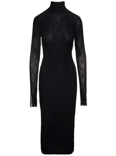 Shop Philosophy Di Lorenzo Serafini Midi Black Fitted Dress With Mock Neck In Lace Woman