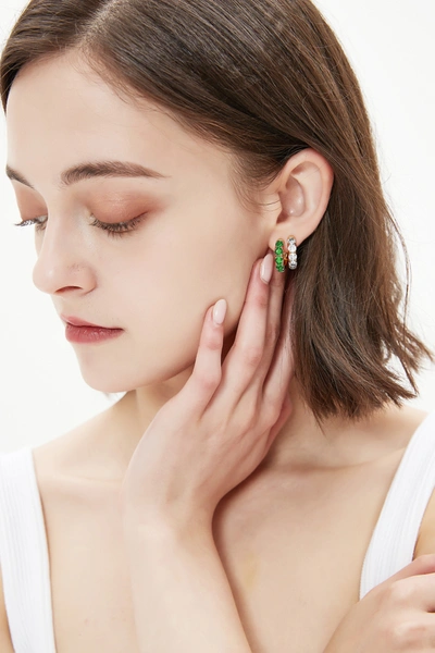 Shop Classicharms Daniela Gold Huggie Hoop Emerald Zirconia Earrings In Green