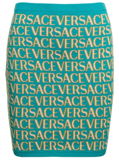 Shop Versace Light Blue Mini Skirt With 'all-over' Jacquard Motif In Stretch Cotton Woman