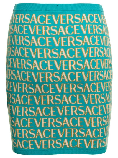 Shop Versace Light Blue Mini Skirt With 'all-over' Jacquard Motif In Stretch Cotton Woman