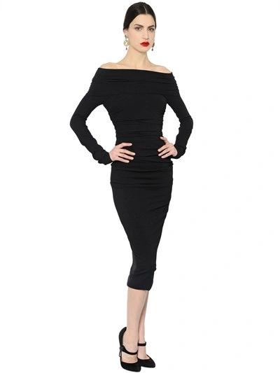 Shop Dolce & Gabbana Ruched Stretch Wool Crepe Pencil Dress In Black