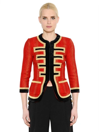 Shop Givenchy Lurex & Velvet Trimmed Tweed Jacket In Red/gold/black