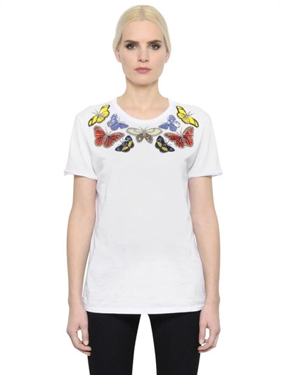 Alexander Mcqueen Butterflies Embellished Jersey T-shirt In White