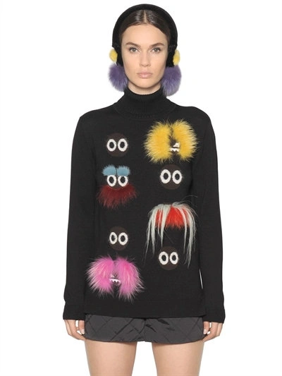Shop Fendi Fur Monsters Turtleneck Wool Sweater, Black