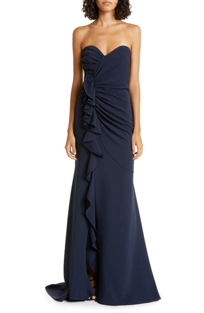 Shop Cinq À Sept Hyde Ruffle Strapless Trumpet Gown In Navy