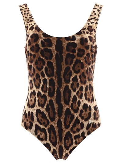 Shop Dolce & Gabbana Leopard-print One-piece Swimsuit In Brown