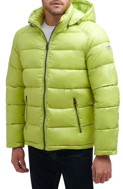 Shop Guess Hooded Solid Puffer Jacket In Limeade