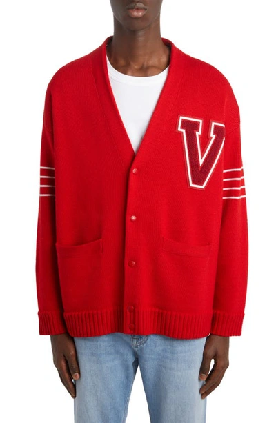 Shop Valentino Varsity Virgin Wool Cardigan In Rosso/ Avorio