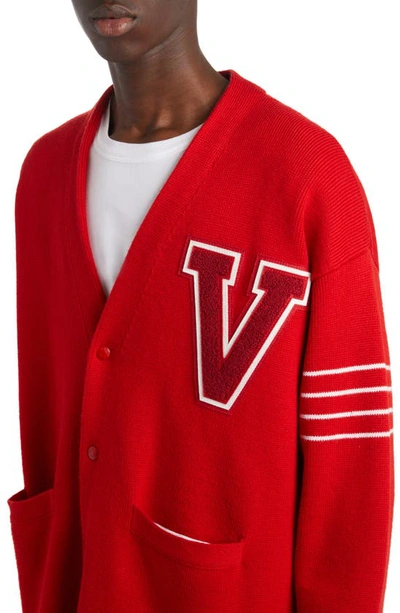 Shop Valentino Varsity Virgin Wool Cardigan In Rosso/ Avorio