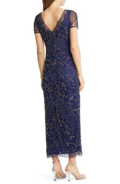 Pisarro Nights Beaded Mesh Column Gown In Sapphire