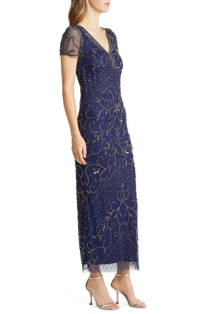 Shop Pisarro Nights Beaded Mesh Column Gown In Sapphire