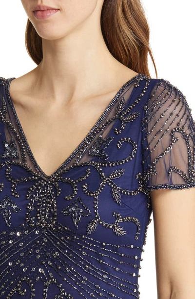 Pisarro Nights Beaded Mesh Column Gown In Sapphire