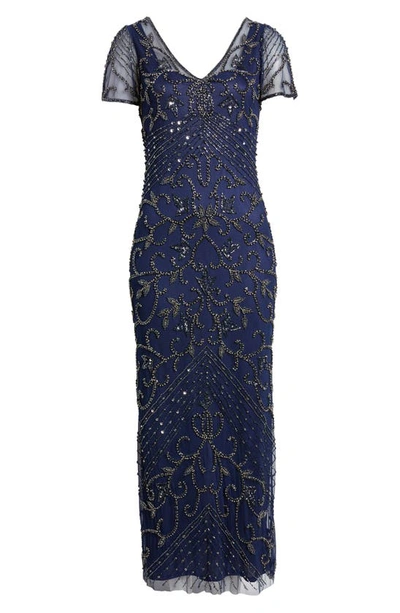 Pisarro Nights Beaded Mesh Column Gown In Sapphire