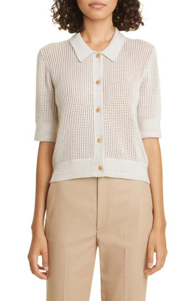 Shop Maria Mcmanus Organic Cotton & Recycled Cashmere Mesh Knit Polo Cardigan In Crema