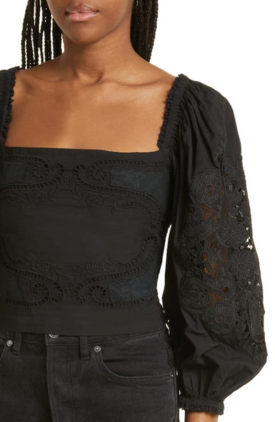 Shop Farm Rio Embroidered Cotton & Lace Blouse In Black