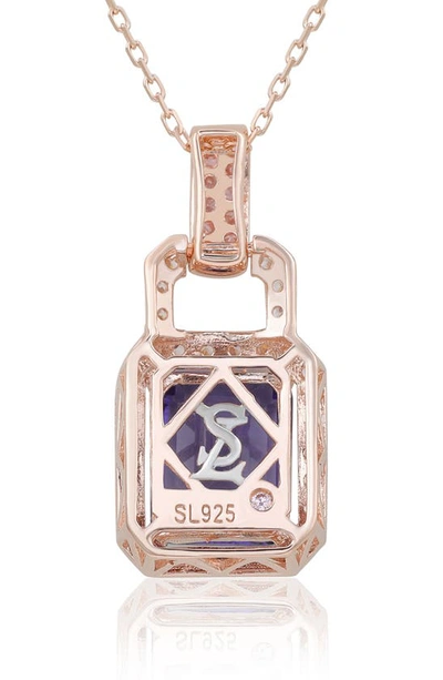 Suzy Levian Rose Gold Plated Sterling Silver Cubic Zirconia Pendant Necklace In Blue Tanzanite