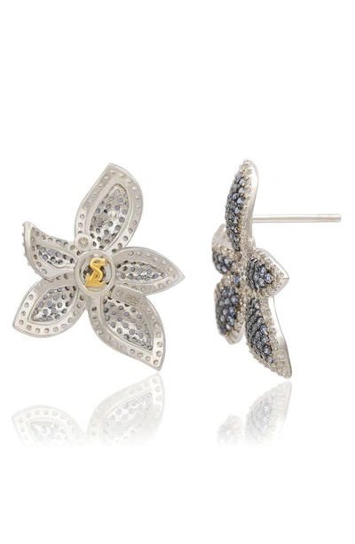 Suzy Levian Floral Sterling Silver White Sapphire Blue Sapphire Brown Diamond Stud Earrings In Blue